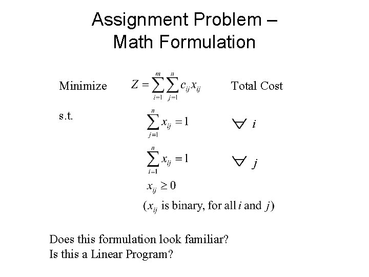 Assignment Problem – Math Formulation Minimize s. t. Total Cost i j Does this