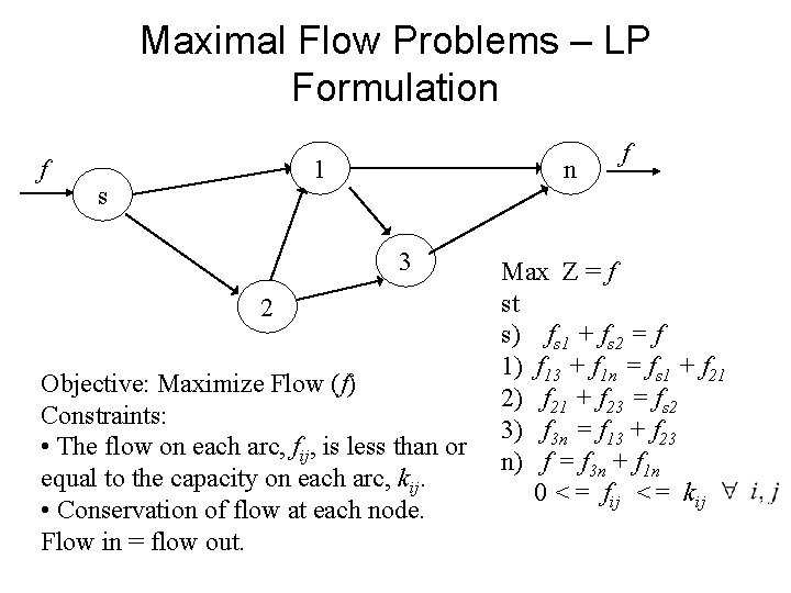 Maximal Flow Problems – LP Formulation f 1 s n 3 2 Objective: Maximize