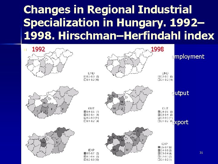 Changes in Regional Industrial Specialization in Hungary. 1992– 1998. Hirschman–Herfindahl index n 1992 1998