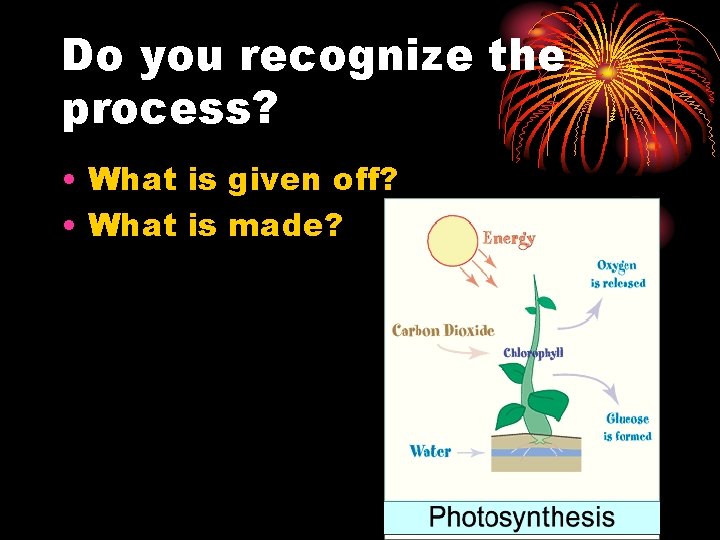 Do you recognize the process? • What is given off? • What is made?