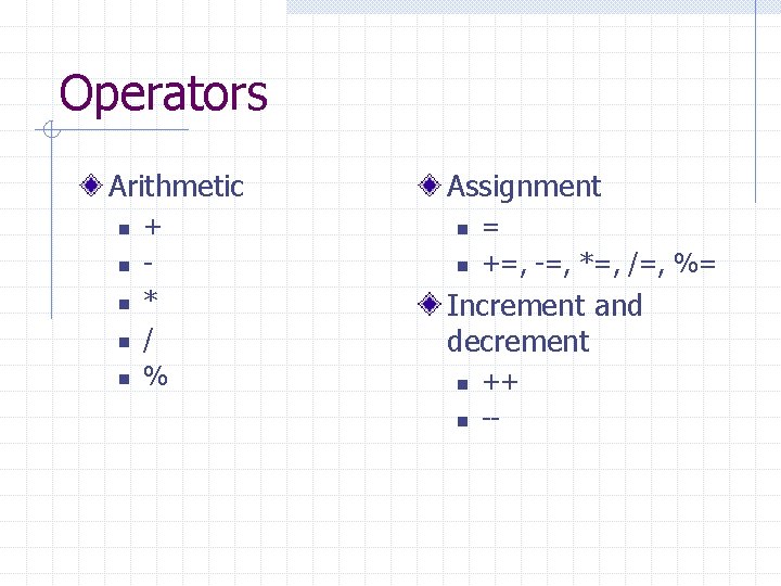 Operators Arithmetic n n n + * / % Assignment n n = +=,
