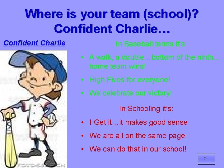 Where is your team (school)? Confident Charlie… Confident Charlie In Baseball terms it’s: •