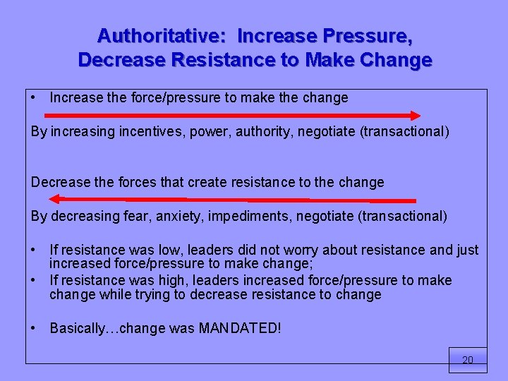 Authoritative: Increase Pressure, Decrease Resistance to Make Change • Increase the force/pressure to make
