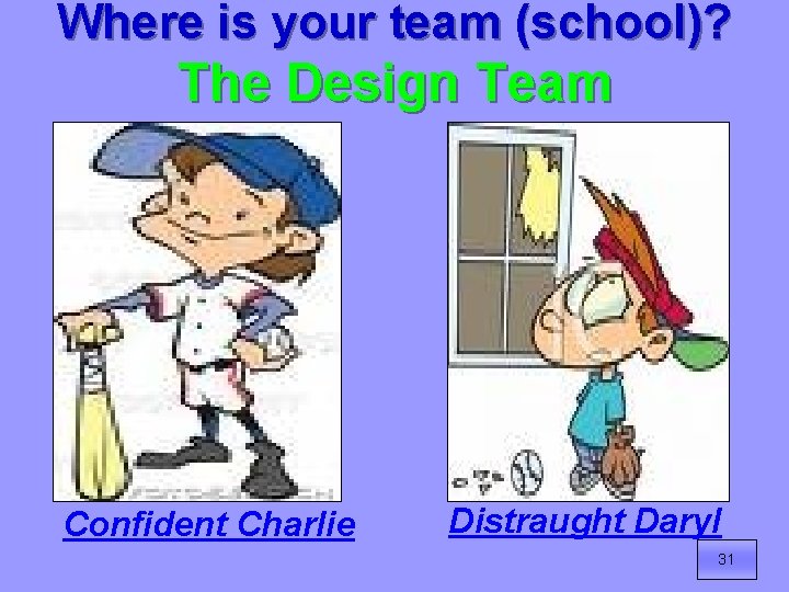 Where is your team (school)? The Design Team Confident Charlie Distraught Daryl 31 