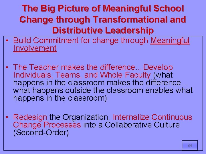 The Big Picture of Meaningful School Change through Transformational and Distributive Leadership • Build