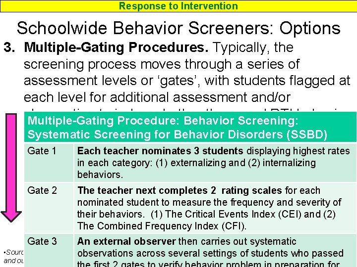 Response to Intervention Schoolwide Behavior Screeners: Options 3. Multiple-Gating Procedures. Typically, the screening process