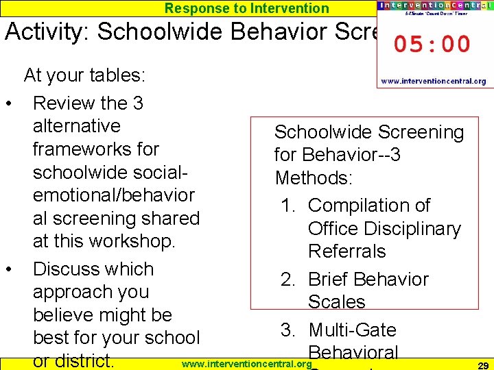 Response to Intervention Activity: Schoolwide Behavior Screeners At your tables: • Review the 3