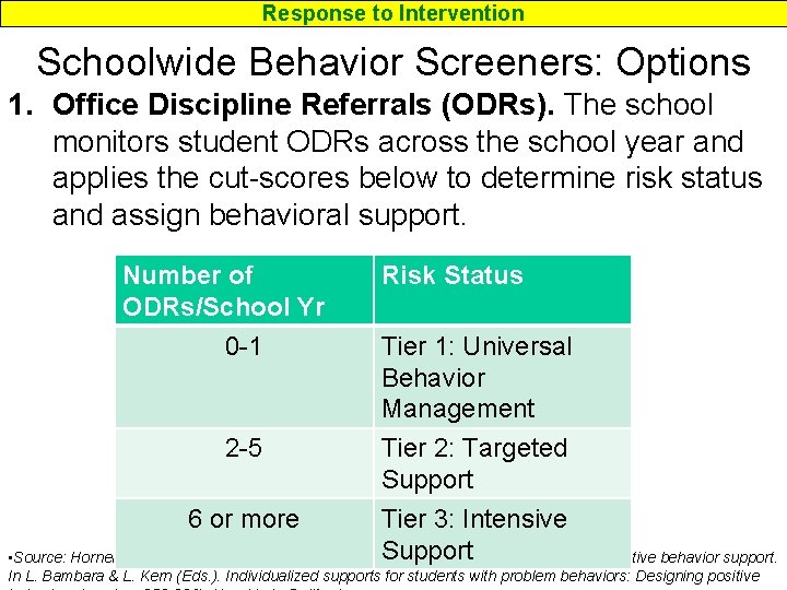 Response to Intervention Schoolwide Behavior Screeners: Options 1. Office Discipline Referrals (ODRs). The school