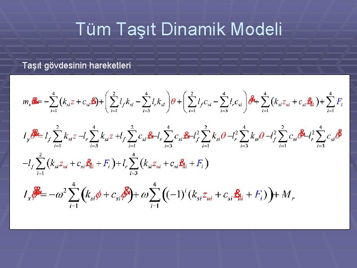 Tüm Taşıt Dinamik Modeli Taşıt gövdesinin hareketleri 