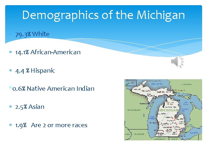 Demographics of the Michigan 79. 3% White 14. 1% African-American 4. 4 % Hispanic