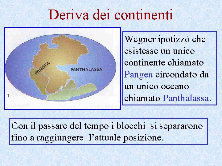 Deriva dei continenti Wegner ipotizzò che esistesse un unico continente chiamato Pangea circondato da