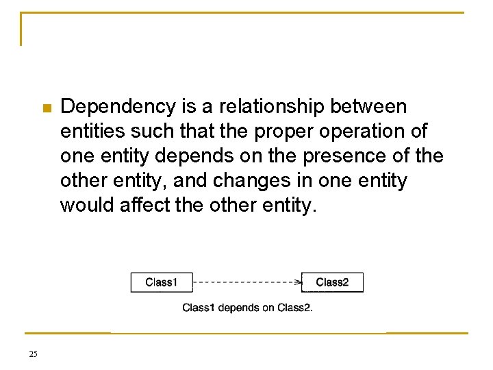 n 25 Dependency is a relationship between entities such that the properation of one