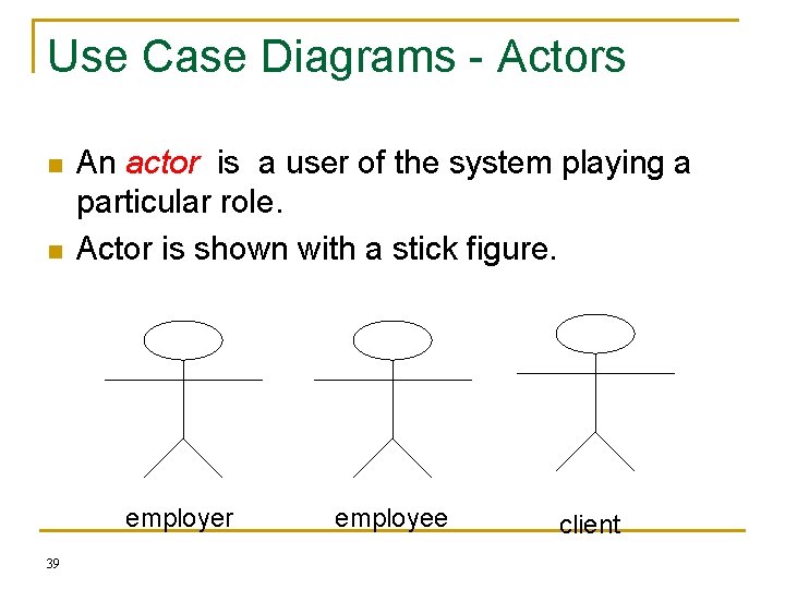 Use Case Diagrams - Actors n n An actor is a user of the