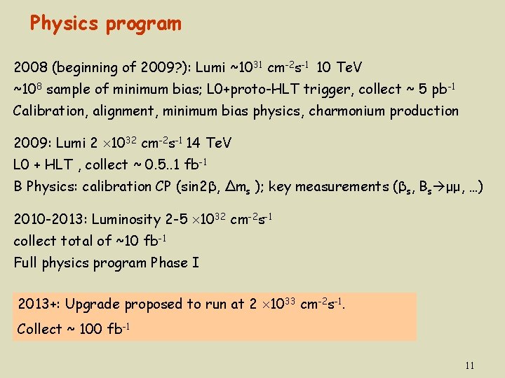 Physics program 2008 (beginning of 2009? ): Lumi ~1031 cm-2 s-1 10 Te. V