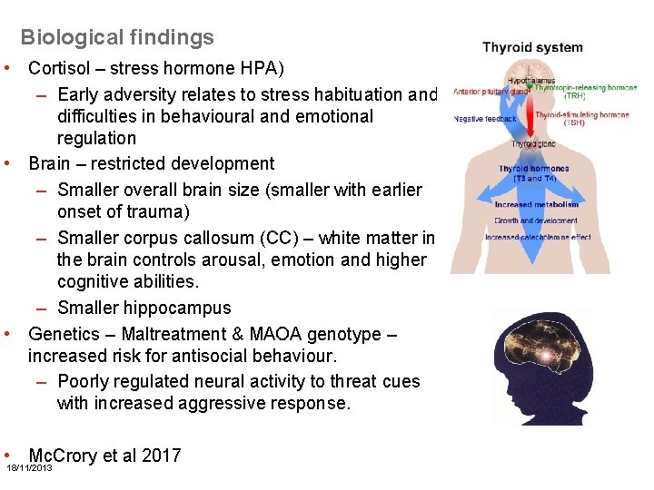 Biological findings • Cortisol – stress hormone HPA) – Early adversity relates to stress