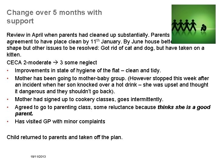 Change over 5 months with support Review in April when parents had cleaned up