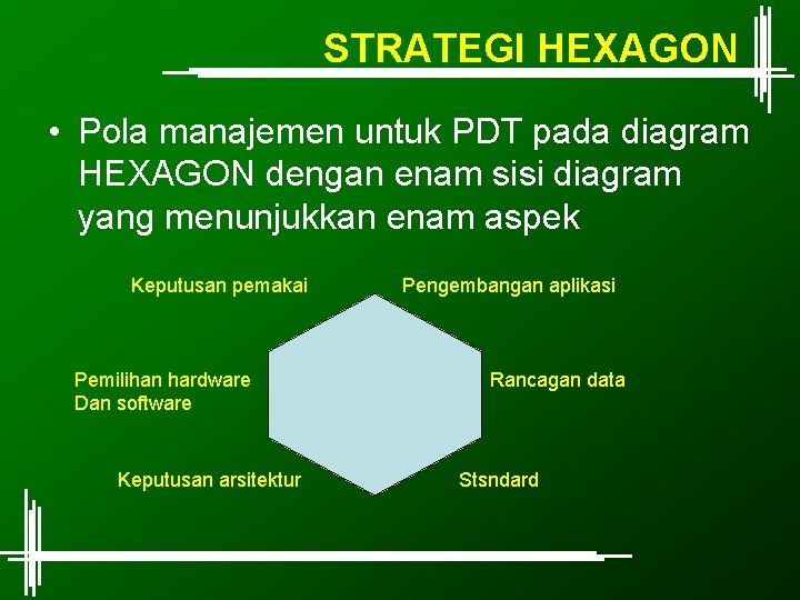STRATEGI HEXAGON • Pola manajemen untuk PDT pada diagram HEXAGON dengan enam sisi diagram