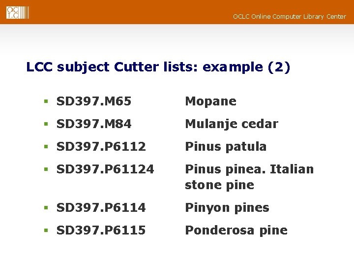 OCLC Online Computer Library Center LCC subject Cutter lists: example (2) § SD 397. OCLC Online Computer Library Center LCC subject Cutter lists: example (2) § SD 397.