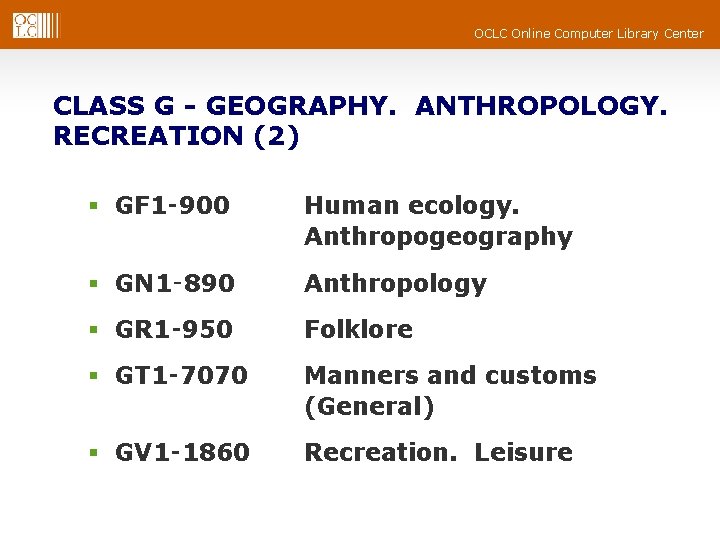 OCLC Online Computer Library Center CLASS G - GEOGRAPHY. ANTHROPOLOGY. RECREATION (2) § GF OCLC Online Computer Library Center CLASS G - GEOGRAPHY. ANTHROPOLOGY. RECREATION (2) § GF