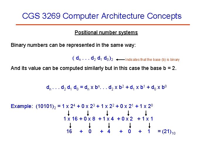CGS 3269 Computer Architecture Concepts Positional number systems Binary numbers can be represented in