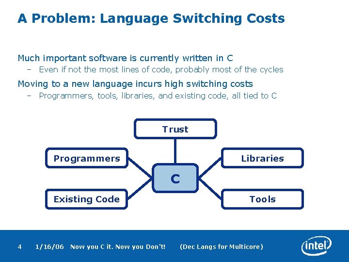 A Problem: Language Switching Costs Much important software is currently written in C –