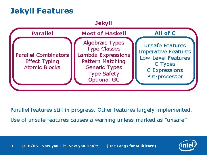 Jekyll Features Jekyll Parallel Most of Haskell All of C Parallel Combinators Effect Typing
