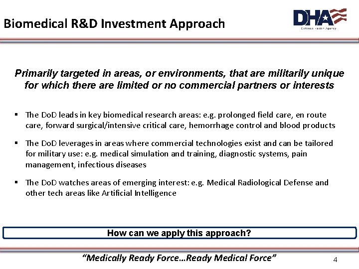 Biomedical R&D Investment Approach Primarily targeted in areas, or environments, that are militarily unique
