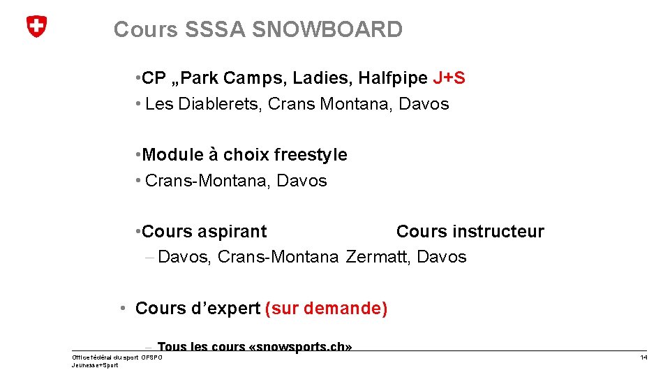 Cours SSSA SNOWBOARD • CP „Park Camps, Ladies, Halfpipe J+S • Les Diablerets, Crans