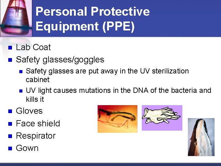 Personal Protective Equipment (PPE) n n Lab Coat Safety glasses/goggles n n n Safety