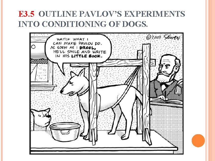 E 3. 5 OUTLINE PAVLOV’S EXPERIMENTS INTO CONDITIONING OF DOGS. E 3. 5 OUTLINE PAVLOV’S EXPERIMENTS INTO CONDITIONING OF DOGS.