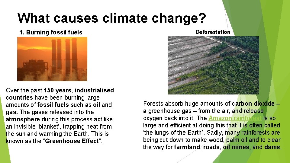What causes climate change? 1. Burning fossil fuels Over the past 150 years, industrialised
