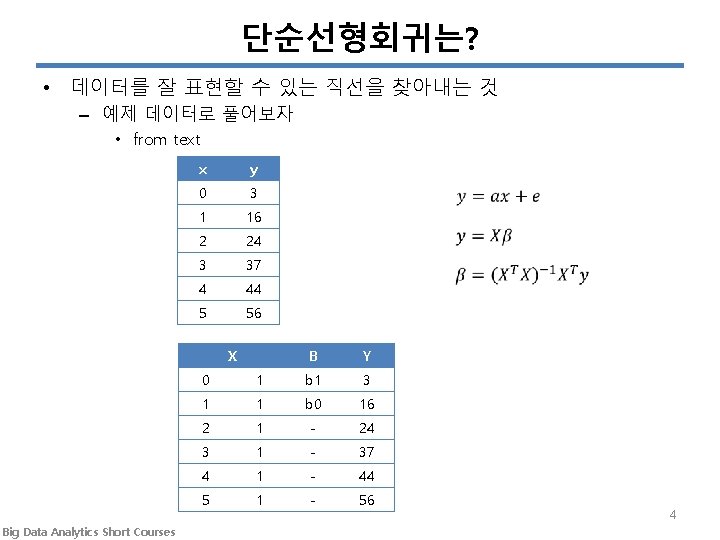 단순선형회귀는? • 데이터를 잘 표현할 수 있는 직선을 찾아내는 것 – 예제 데이터로 풀어보자