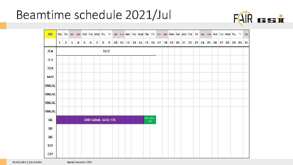 Beamtime schedule 2021/Jul FAIR Gmb. H | GSI Gmb. H Daniel Severin / BTC