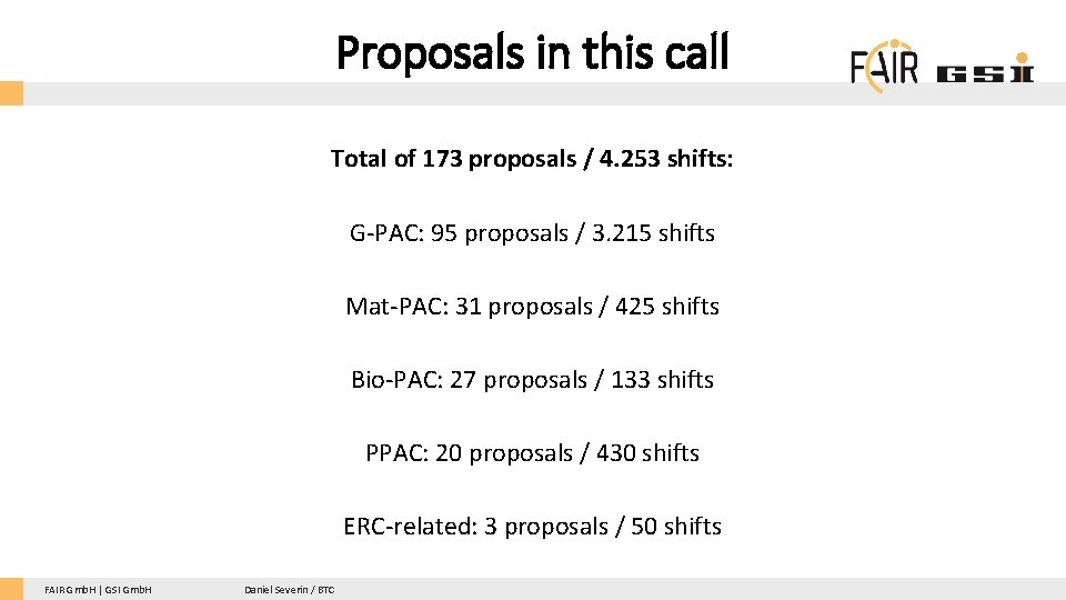 Proposals in this call Total of 173 proposals / 4. 253 shifts: G-PAC: 95