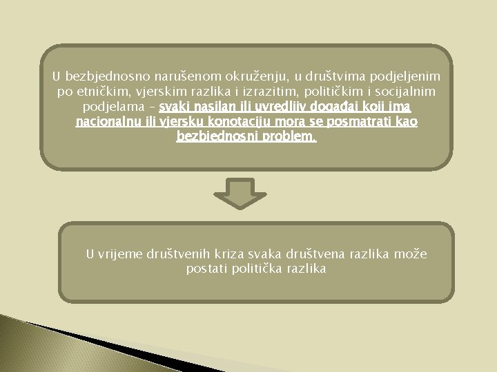 U bezbjednosno narušenom okruženju, u društvima podjeljenim po etničkim, vjerskim razlika i izrazitim, političkim