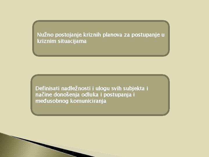 Nužno postojanje kriznih planova za postupanje u kriznim situacijama Definisati nadležnosti i ulogu svih Nužno postojanje kriznih planova za postupanje u kriznim situacijama Definisati nadležnosti i ulogu svih