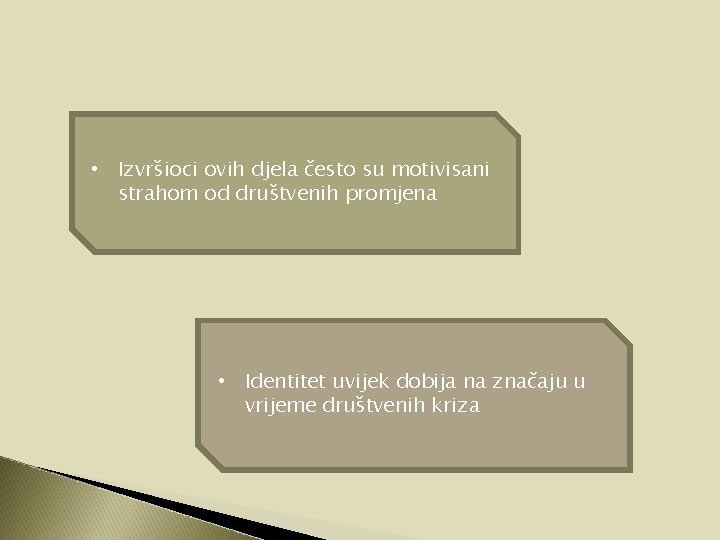 • Izvršioci ovih djela često su motivisani strahom od društvenih promjena • Identitet • Izvršioci ovih djela često su motivisani strahom od društvenih promjena • Identitet