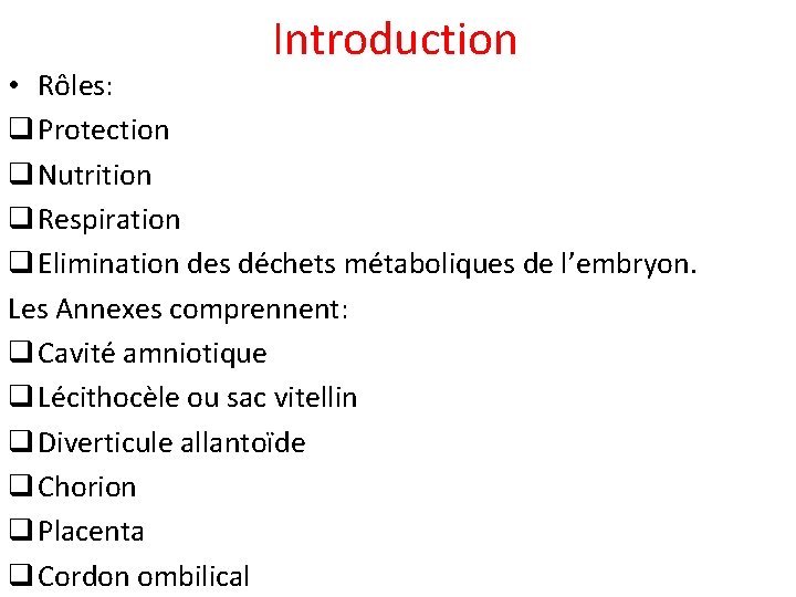 Introduction • Rôles: q Protection q Nutrition q Respiration q Elimination des déchets métaboliques