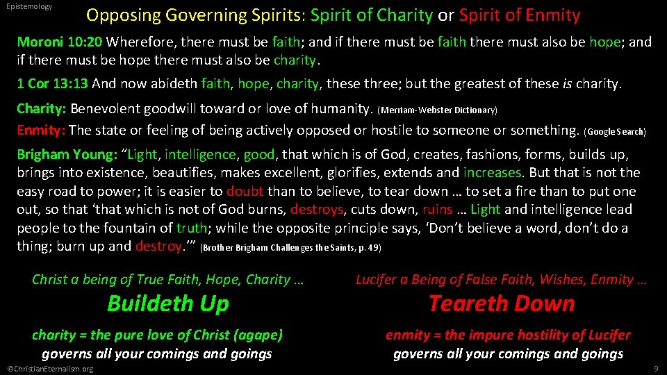 Epistemology Opposing Governing Spirits: Spirit of Charity or Spirit of Enmity Moroni 10: 20