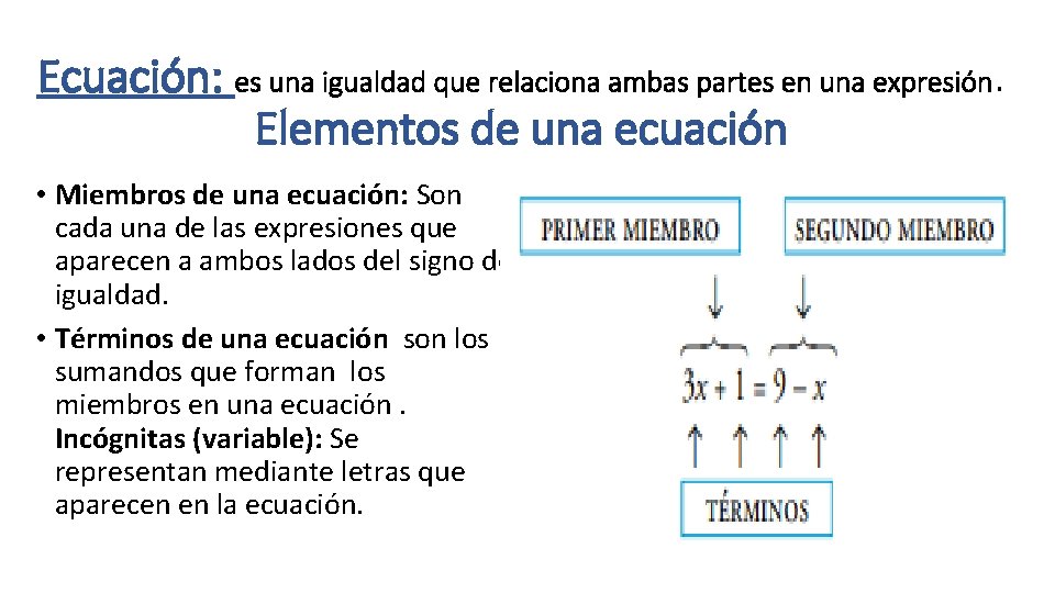 Ecuación: es una igualdad que relaciona ambas partes en una expresión. Elementos de una
