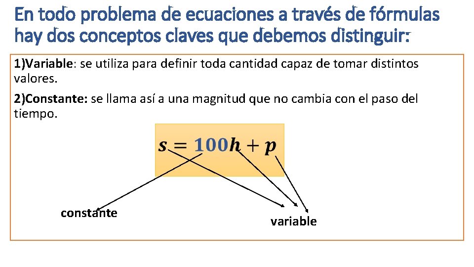 En todo problema de ecuaciones a través de fórmulas hay dos conceptos claves que