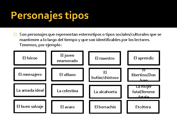 Personajes tipos � Son personajes que representan estereotipos o tipos sociales/culturales que se mantienen