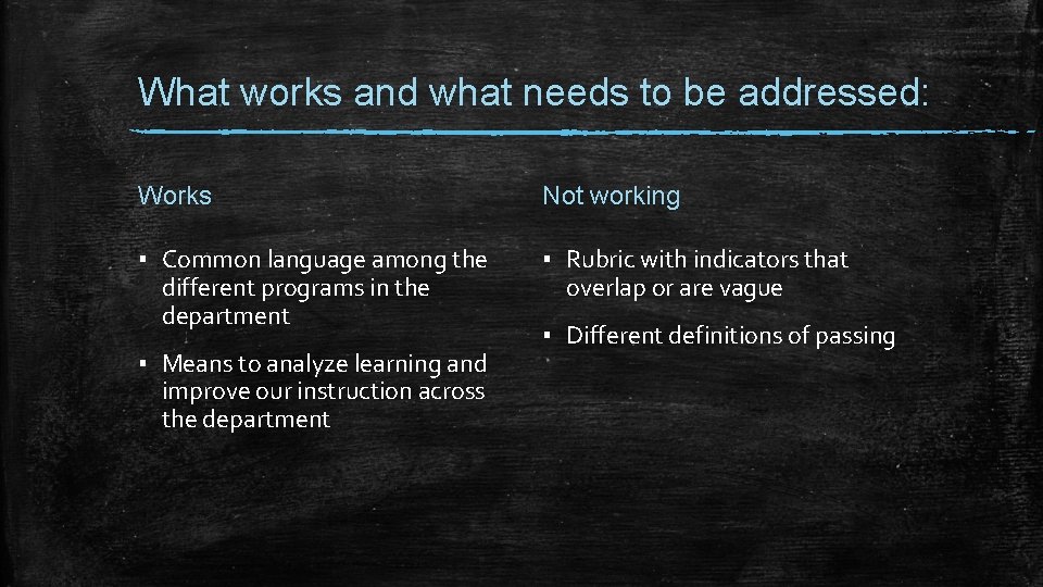 What works and what needs to be addressed: Works Not working ▪ Common language