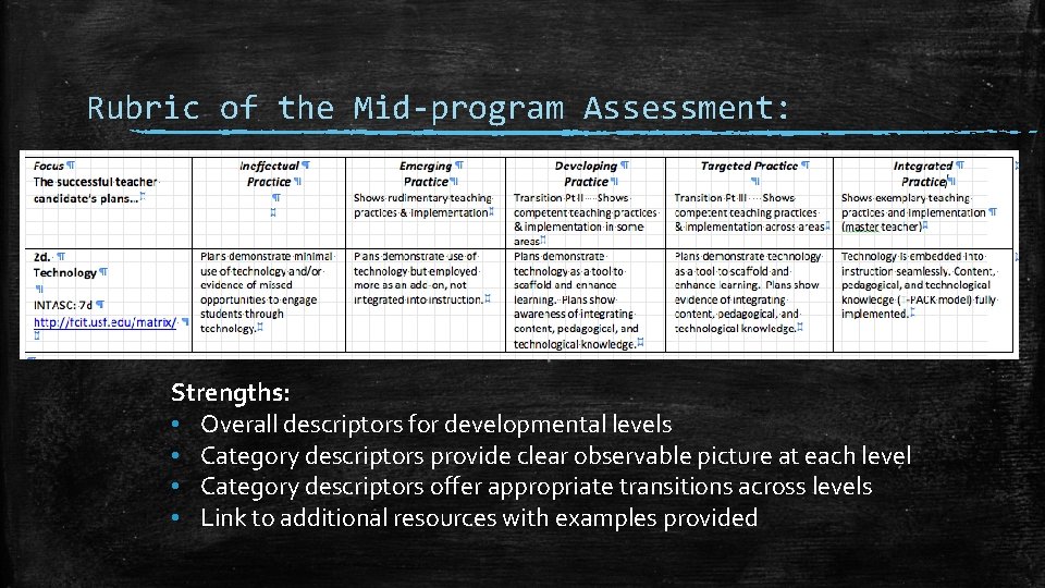 Rubric of the Mid-program Assessment: Strengths: • Overall descriptors for developmental levels • Category