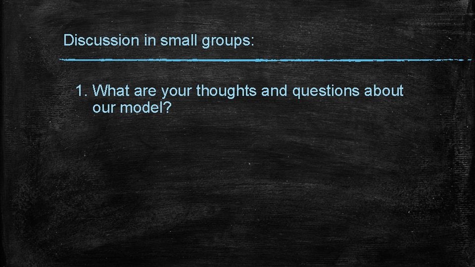 Discussion in small groups: 1. What are your thoughts and questions about our model?