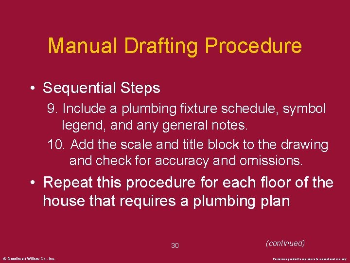 Manual Drafting Procedure • Sequential Steps 9. Include a plumbing fixture schedule, symbol legend,