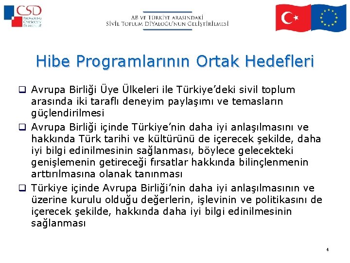 Hibe Programlarının Ortak Hedefleri q Avrupa Birliği Üye Ülkeleri ile Türkiye’deki sivil toplum arasında