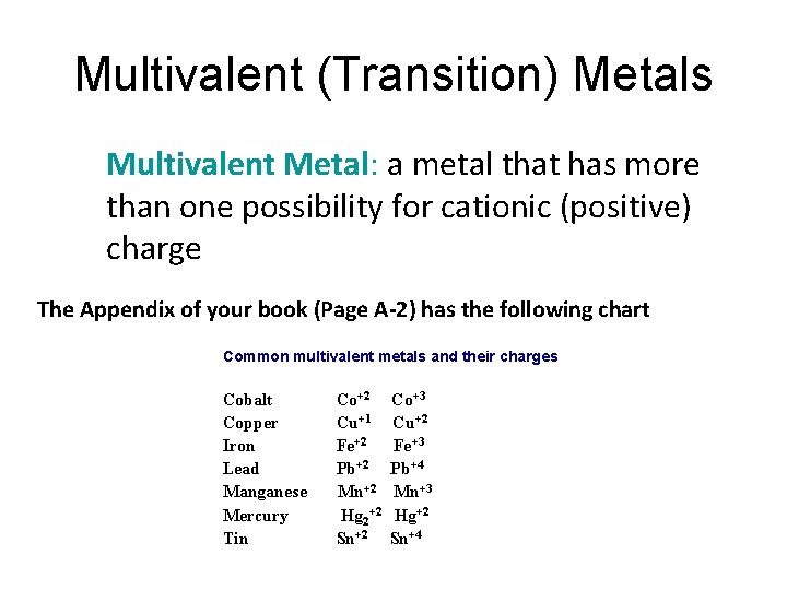 Multivalent (Transition) Metals Multivalent Metal: a metal that has more than one possibility for Multivalent (Transition) Metals Multivalent Metal: a metal that has more than one possibility for