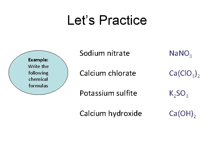 Let’s Practice Example: Write the following chemical formulas Sodium nitrate Na. NO 3 Calcium Let’s Practice Example: Write the following chemical formulas Sodium nitrate Na. NO 3 Calcium