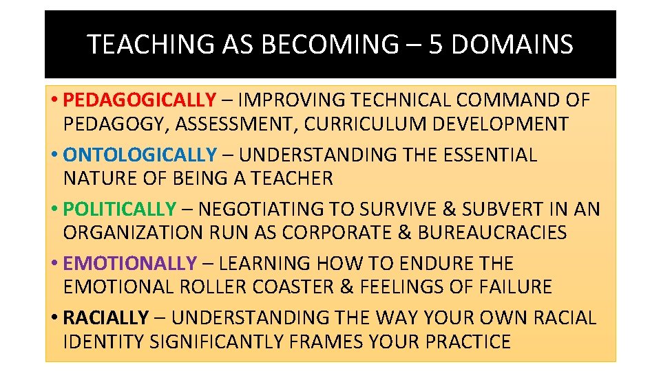 TEACHING AS BECOMING – 5 DOMAINS • PEDAGOGICALLY – IMPROVING TECHNICAL COMMAND OF PEDAGOGY,